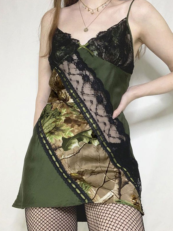 Irregular Print Lace Splice Tie Back Mini Dress