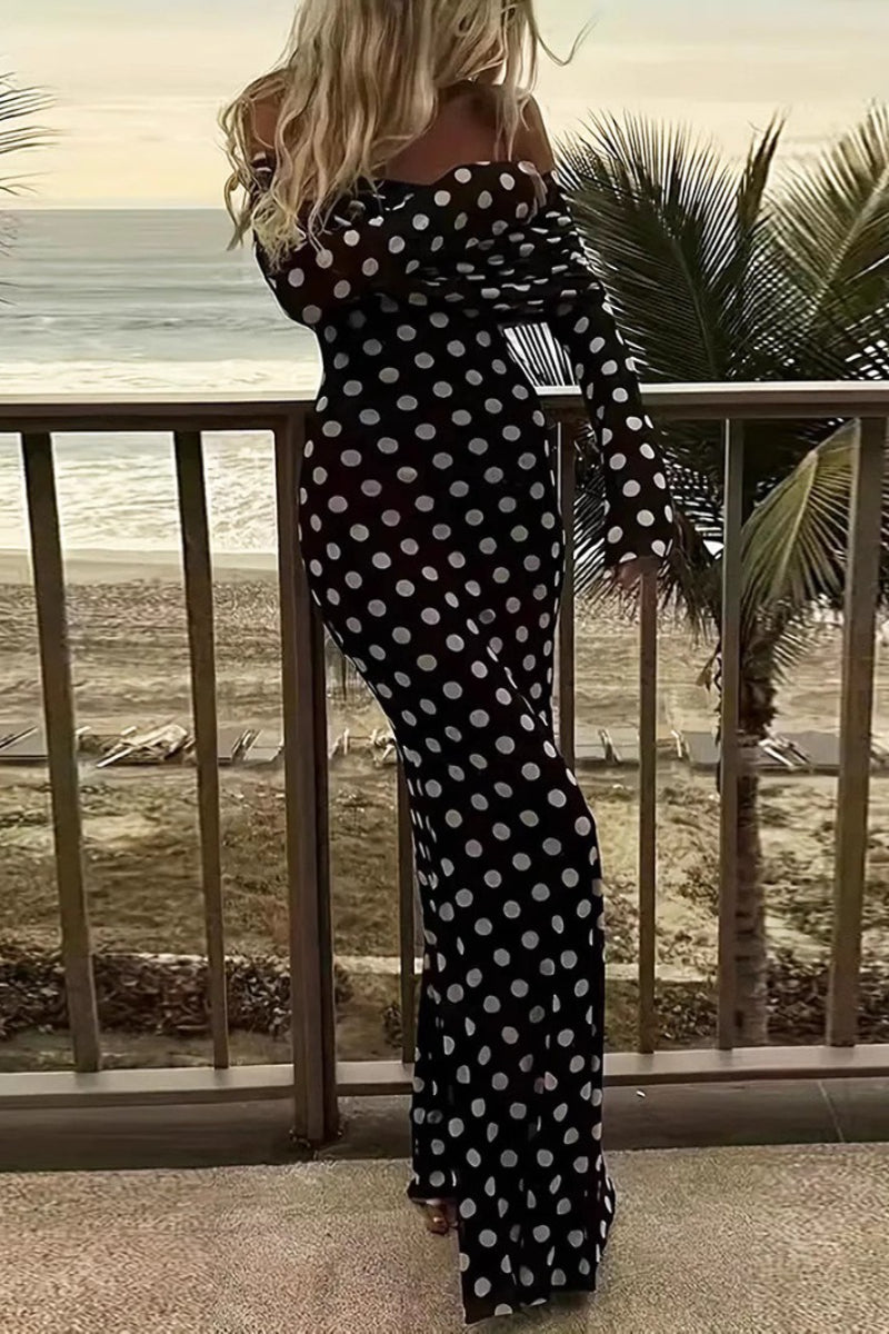 Off Shoulder Mesh Polka Dot Long Sleeve Bodycon Maxi Dress