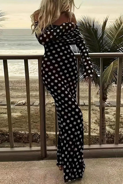 Off Shoulder Mesh Polka Dot Long Sleeve Bodycon Maxi Dress