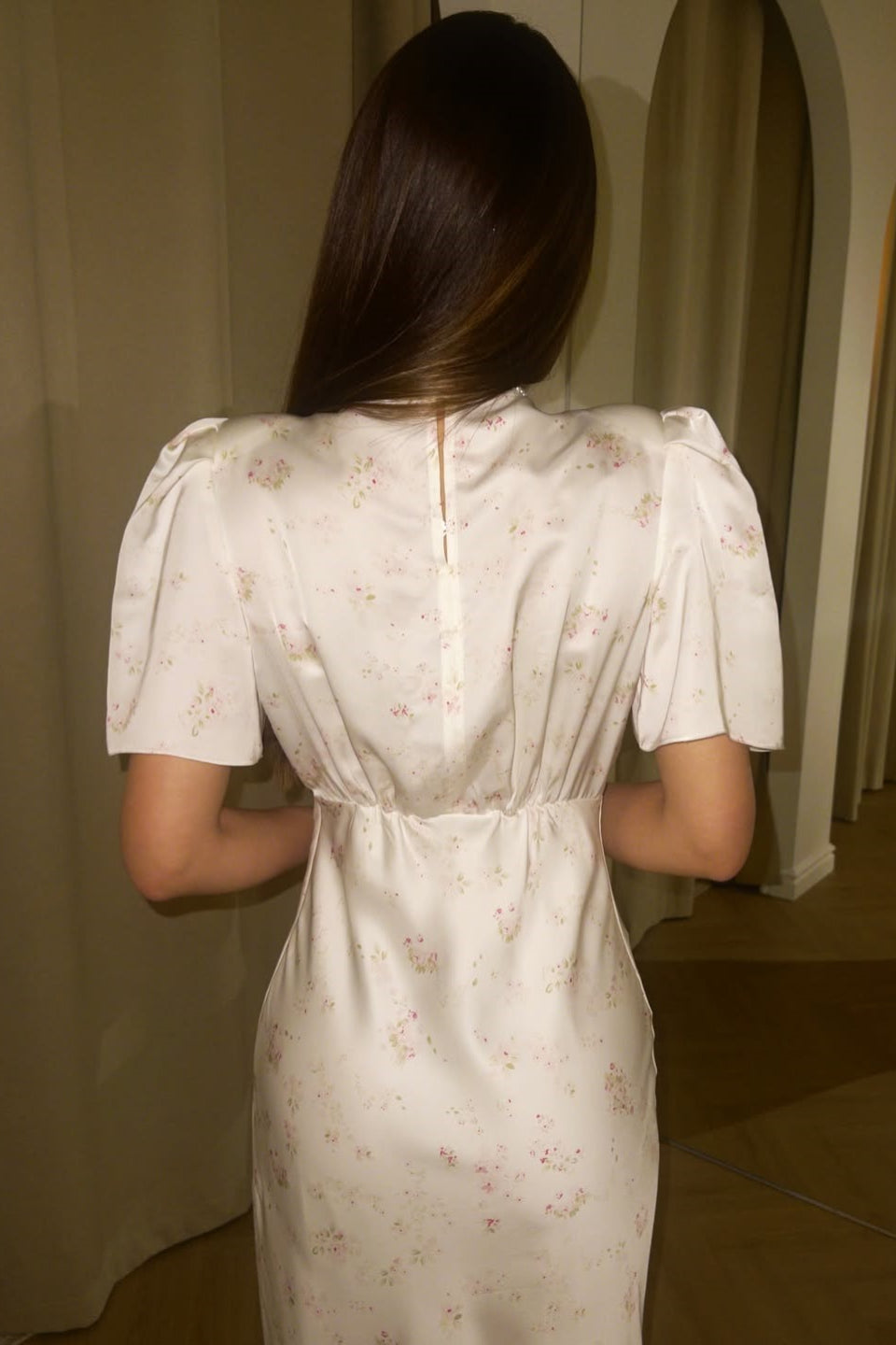 | V Neck Lace Patchwork Floral Puff Sleeve Maxi Dress
