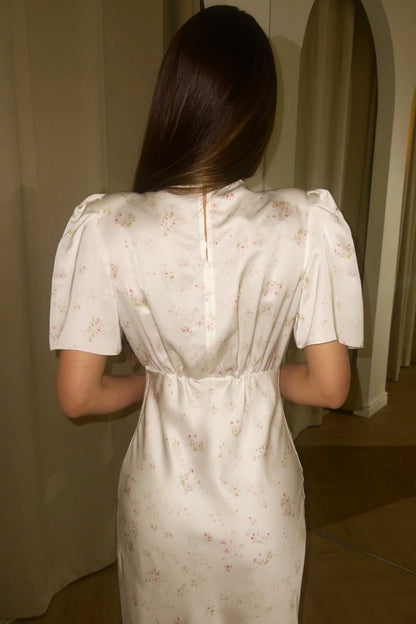 | V Neck Lace Patchwork Floral Puff Sleeve Maxi Dress