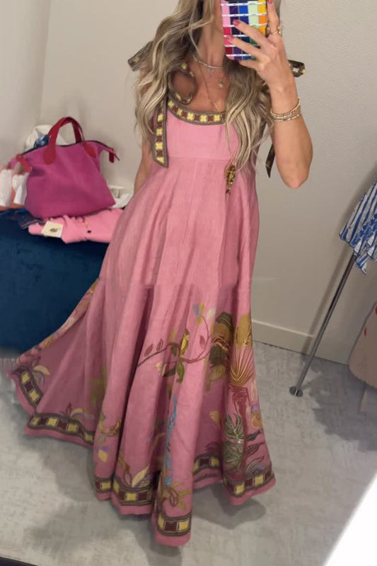 Linen Blend Unique Printed Tie-up Suspenders Pocket Elegant  Vacation Maxi Dress