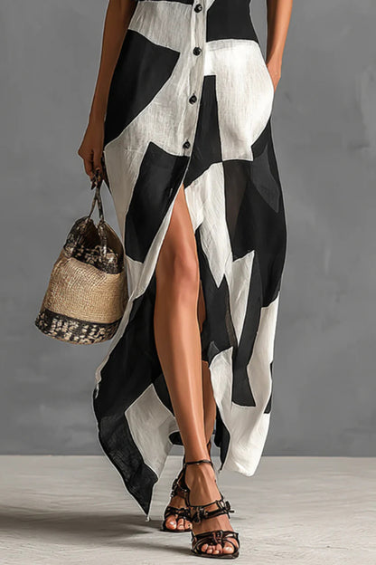 Geometric Color-blocked Print Lapel Short-sleeved Button-down Casual Maxi Dress