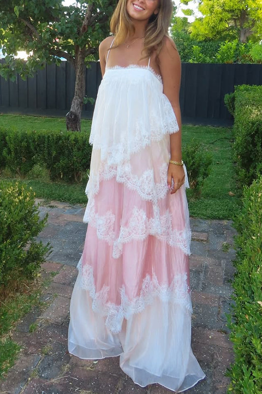 Caroline Gradient Layered Lace Trim Tiers Adjustable Straps Backless A-line Maxi Dress