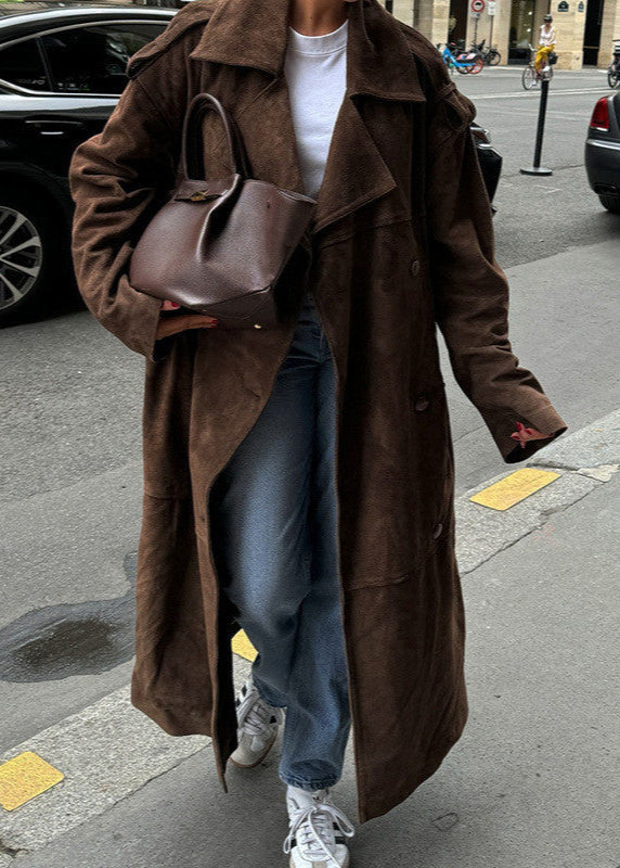 Suede Belted Long Trench Coat – Oversized Double-Breasted Brown Jacket
