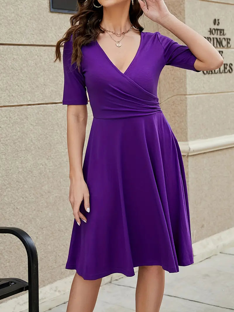 Short Sleeve Surplice V-Neck Fit and Flare Knee-Length Midi Dress