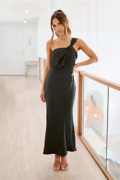 Satin One Shoulder Twisted Strap Draped Column Maxi Dress