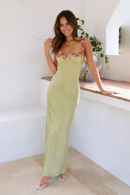 Floral Embroidered Spaghetti Strap Satin Slip Maxi Dress