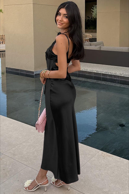 | Satin Strapless V Neck Maxi Dress