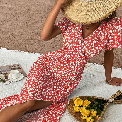 Elegant V-Neck Floral Print Split Maxi Dress in Black