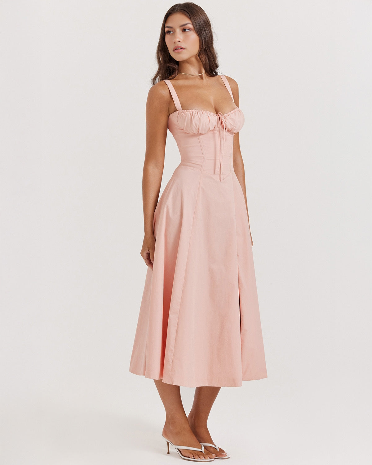 Sweetheart Tie Front Panel Seam Corset Bodice Fit and Flare Midi Dress