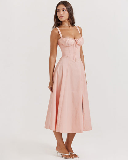 Sweetheart Tie Front Panel Seam Corset Bodice Fit and Flare Midi Dress