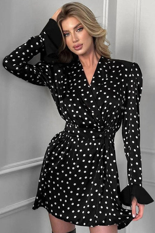Polka Dot Wrap V Neck Puff Shoulder Ruffle Cuff Tie Waist Satin Mini Dress