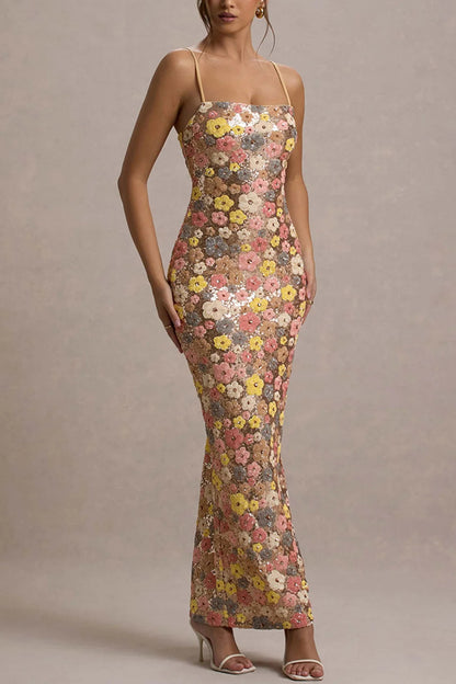 80's Inspired Floral Print Sequin Square Neck Slip Stretch Maxi Dress