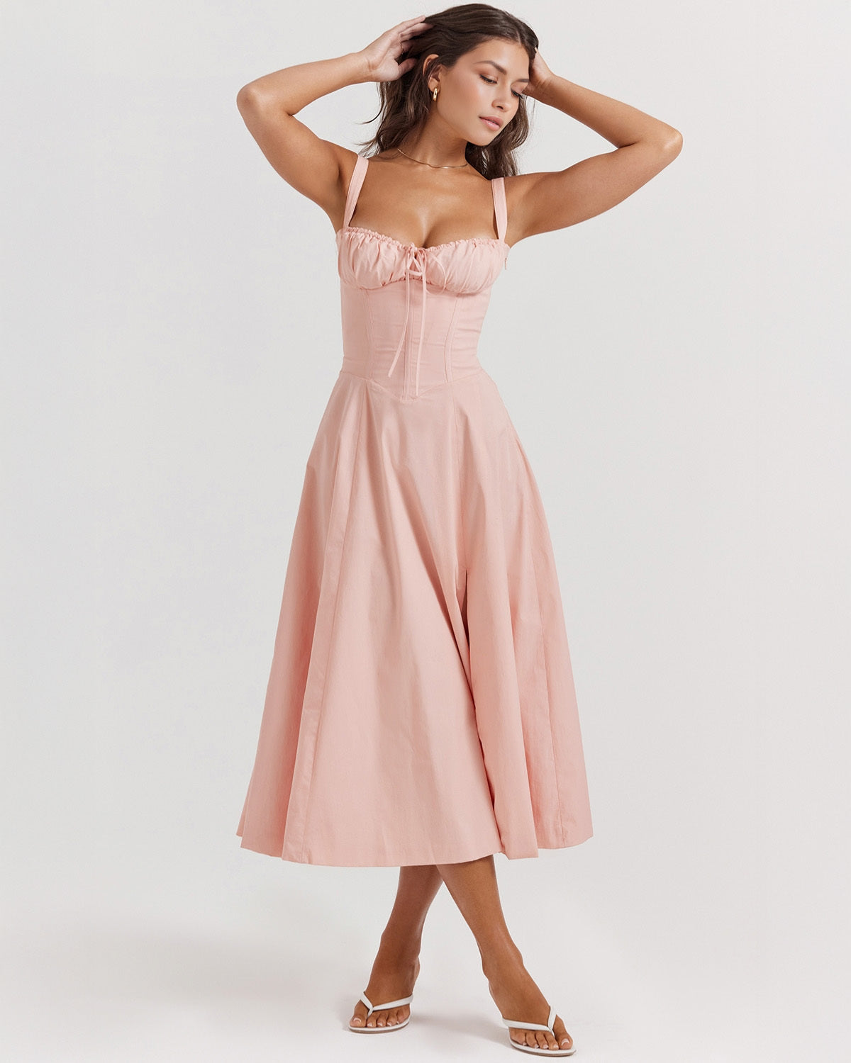 Corset Wide Strap Tie Front Ruched Bust Side Slit Midi Dress