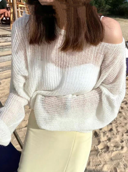 See Through Solid Loose Short Long Sleeve Knit