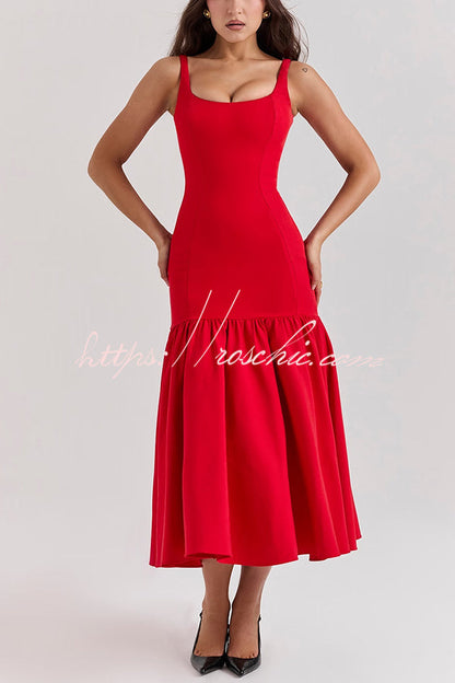 Graceful Silhouette Square Neck Wide Strap Drop Waist Midi Dress