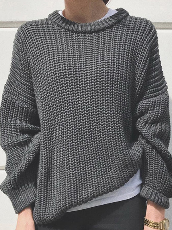 Solid Crew Neck Knit Sweater