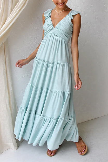 V Neck Ruffle Trim Tiered Sleeveless Linen Maxi Dress