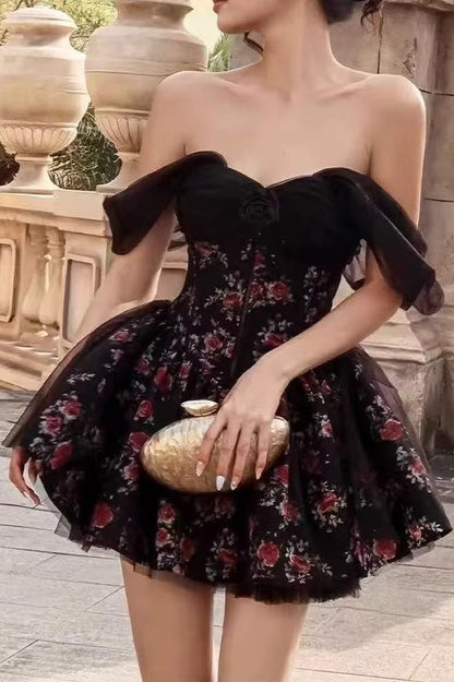 Off Shoulder Mesh Puff Sleeve Corset Bodice Layered Hem Mini Floral Dress