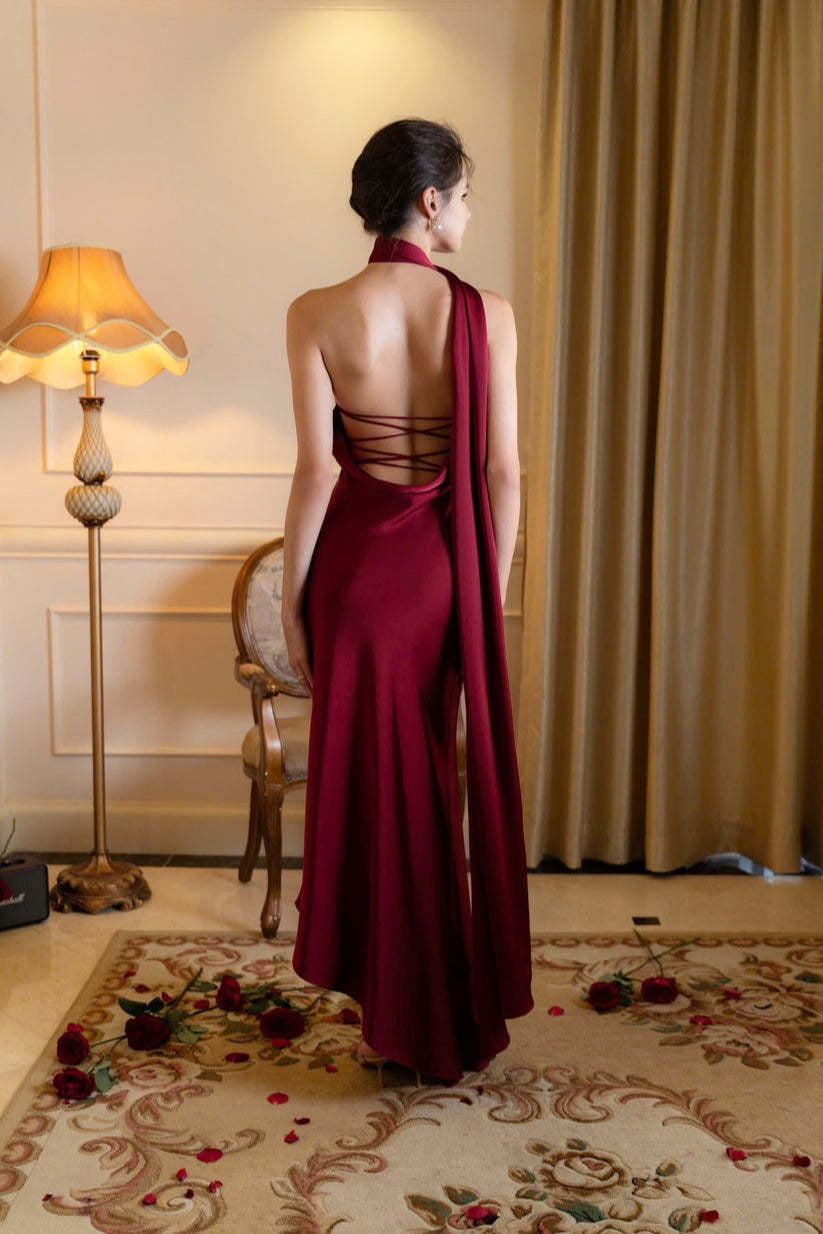 Satin Halter Low-Back Party Dress