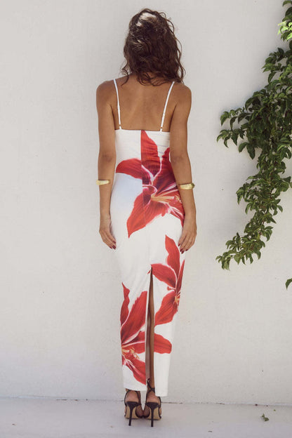 Square Neck Spaghetti Strap Large Floral Print Bodycon Maxi Dress