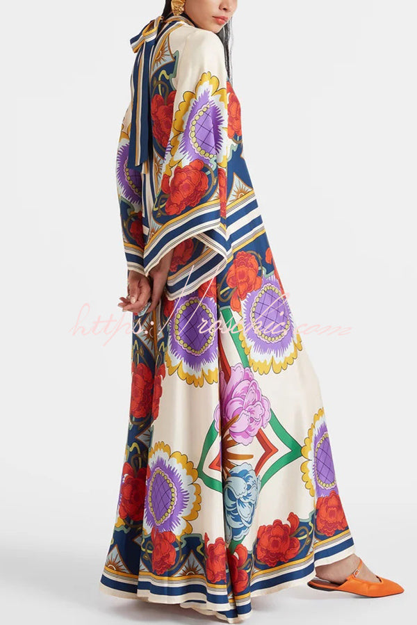 Shine The Light Unique Printed High Neck Bell Sleeve Loose Maxi Dress
