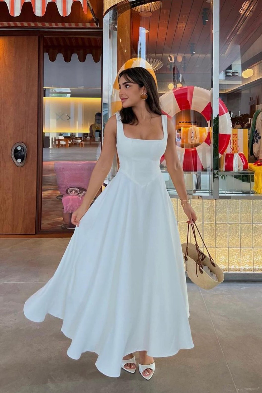 Square Neck Wide Strap Fit and Flare Pleated Tea Length Midi Dress