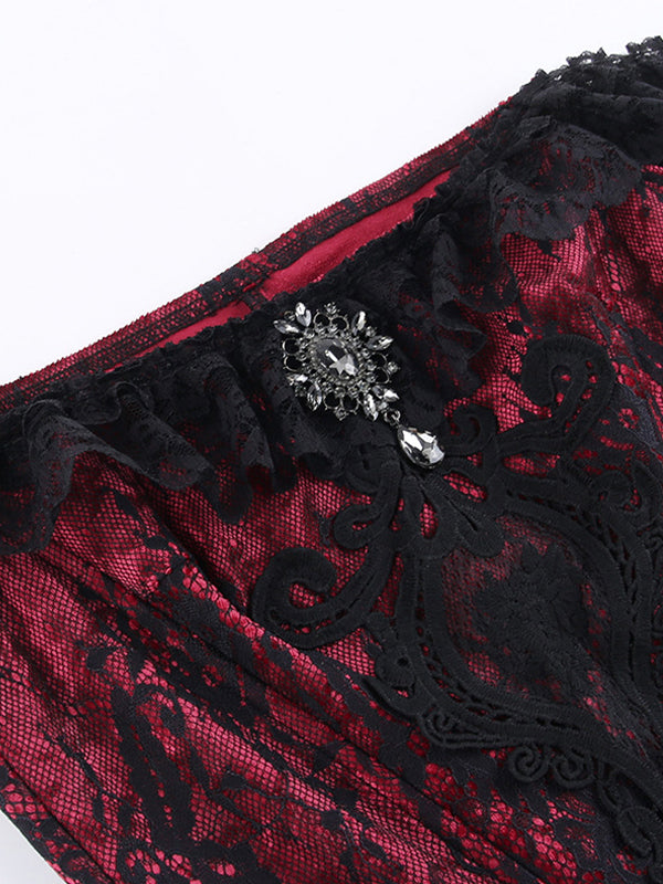 Vintage Lace Velvet Splice Irregular Hem Corset Top