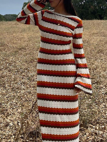 Long Sleeves Loose Backless Split-Joint Striped Round-Neck Maxi Dresses Sweater Dresses