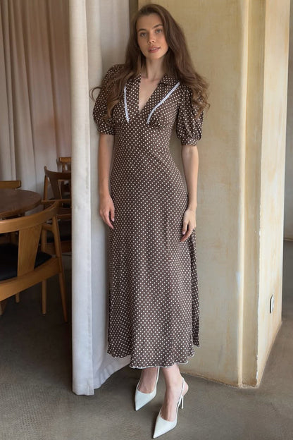 Polka Dot Point Collar Lace Trim Puff Sleeve Bodycon Maxi Dress