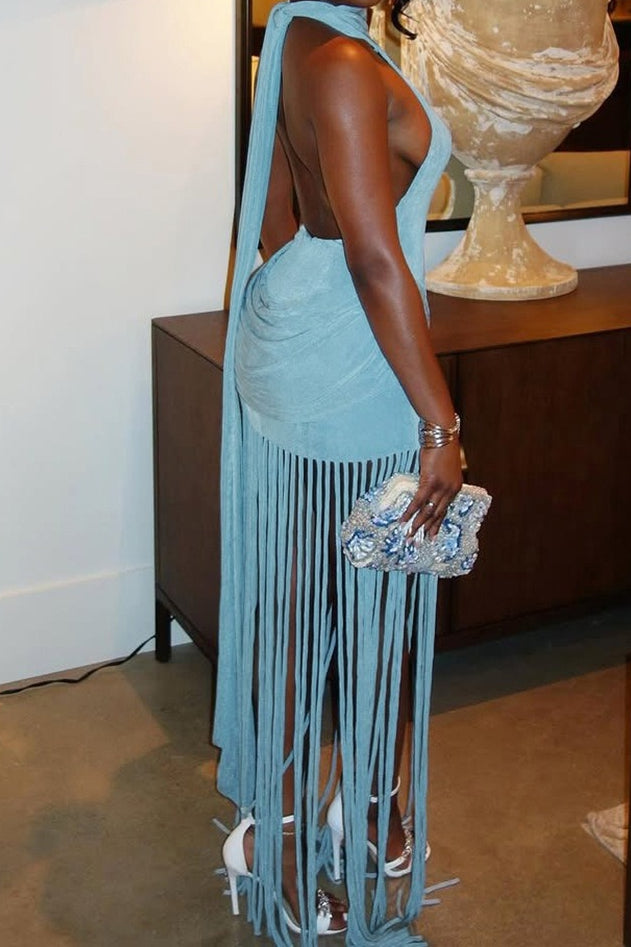 Halter Neck Backless Fringe Tassel Overlay Bodycon Maxi Dress