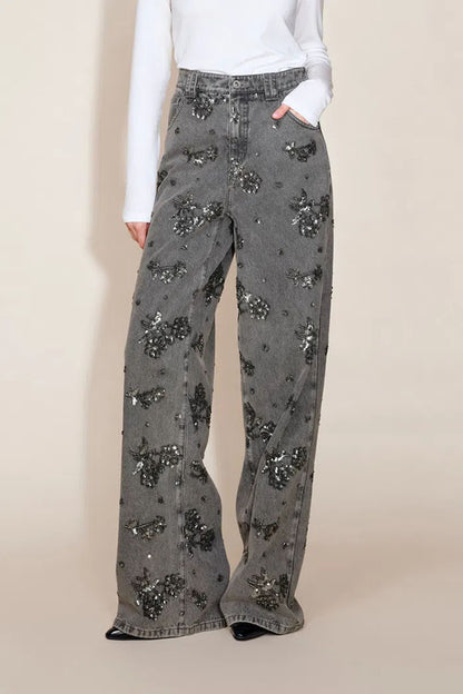 Jhenie Denim Beaded Sequin Floral Pattern Mid Rise Pocket Wide Leg Jeans