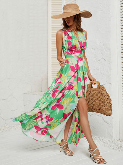 Maxi Dress Allover Floral V-Neck Belted Sleeveless Asymmetrical Long Dresses
