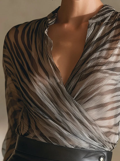 Women's Zebra Print Chiffon Blouse – Flowing Long Sleeve Fashion Shirt