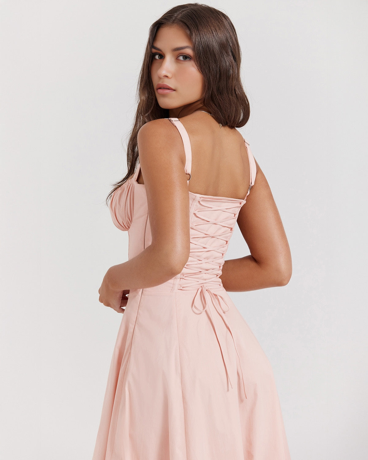 Corset Wide Strap Tie Front Ruched Bust Side Slit Midi Dress