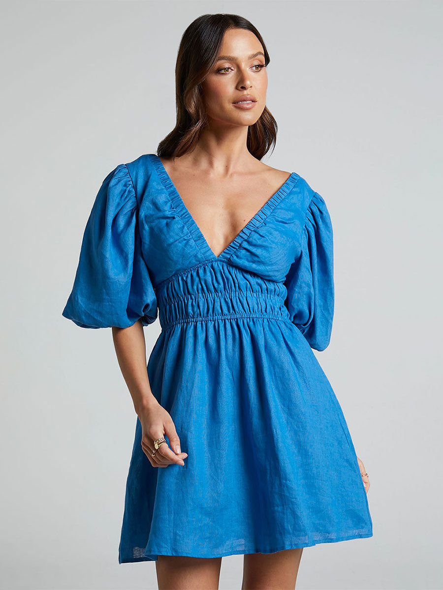 Summer Mini Dresses Blue V-Neck Lace Up Beach Dress