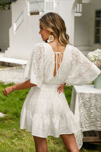 Smocked Waist Eyelet Lace V-Neck Flutter Sleeve Button-Front Boho Mini Dress