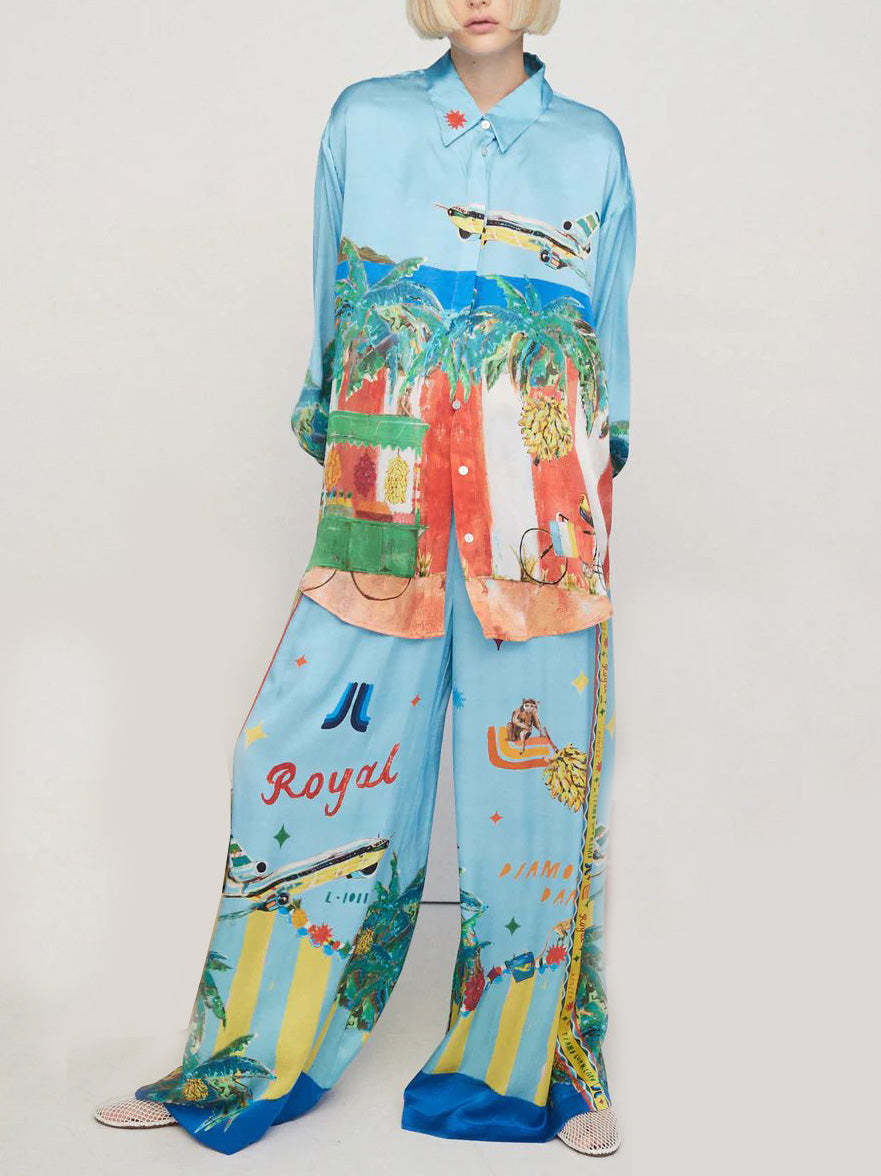 Unique Satin Painted Print Loose Shirt