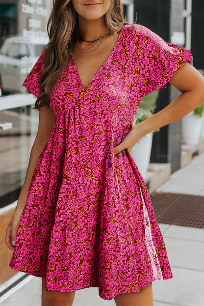 Rose Floral Print Puff Sleeve Babydoll Mini Dress
