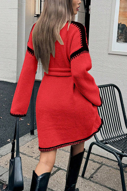 Stylish Loose-fitting Long-sleeved Tie-waist Knit Mini Dress