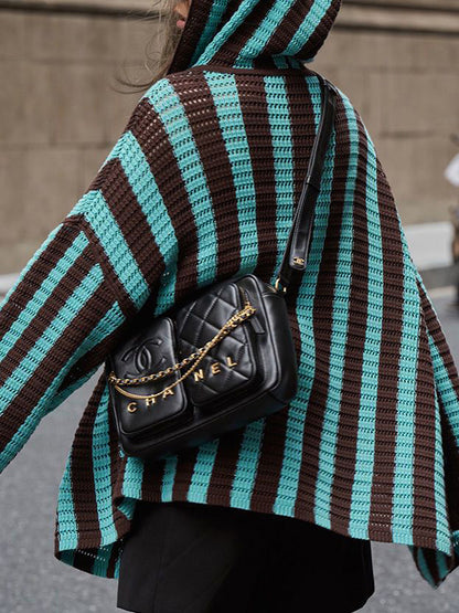 Knit Contrast Color Stripe Hooded Cardigan