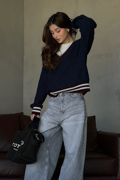 Casual Striped Color Block V-Neck Loose Knit Sweater