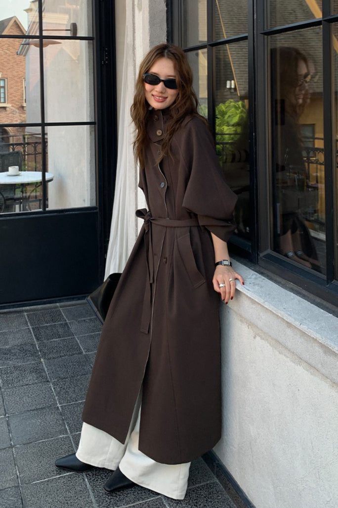 THE MIND British Style Contrast-Collar Long Overcoat