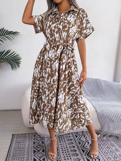 Shirt Dresses Two-Tone Short Sleeves Belted Busniess Casual Midi Dresses