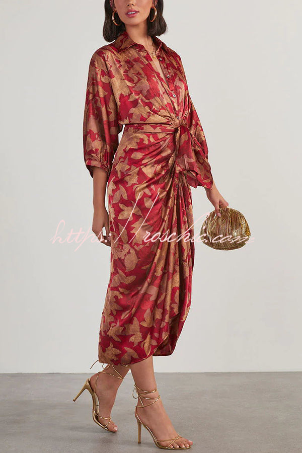 Elegant and Charming Satin Adjustable Waist Tie Button Draped Shirt Midi Dress