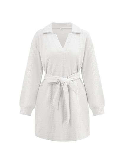 Long Sleeves Jacquard Solid Color Tied Waist V-neck Mini Dresses