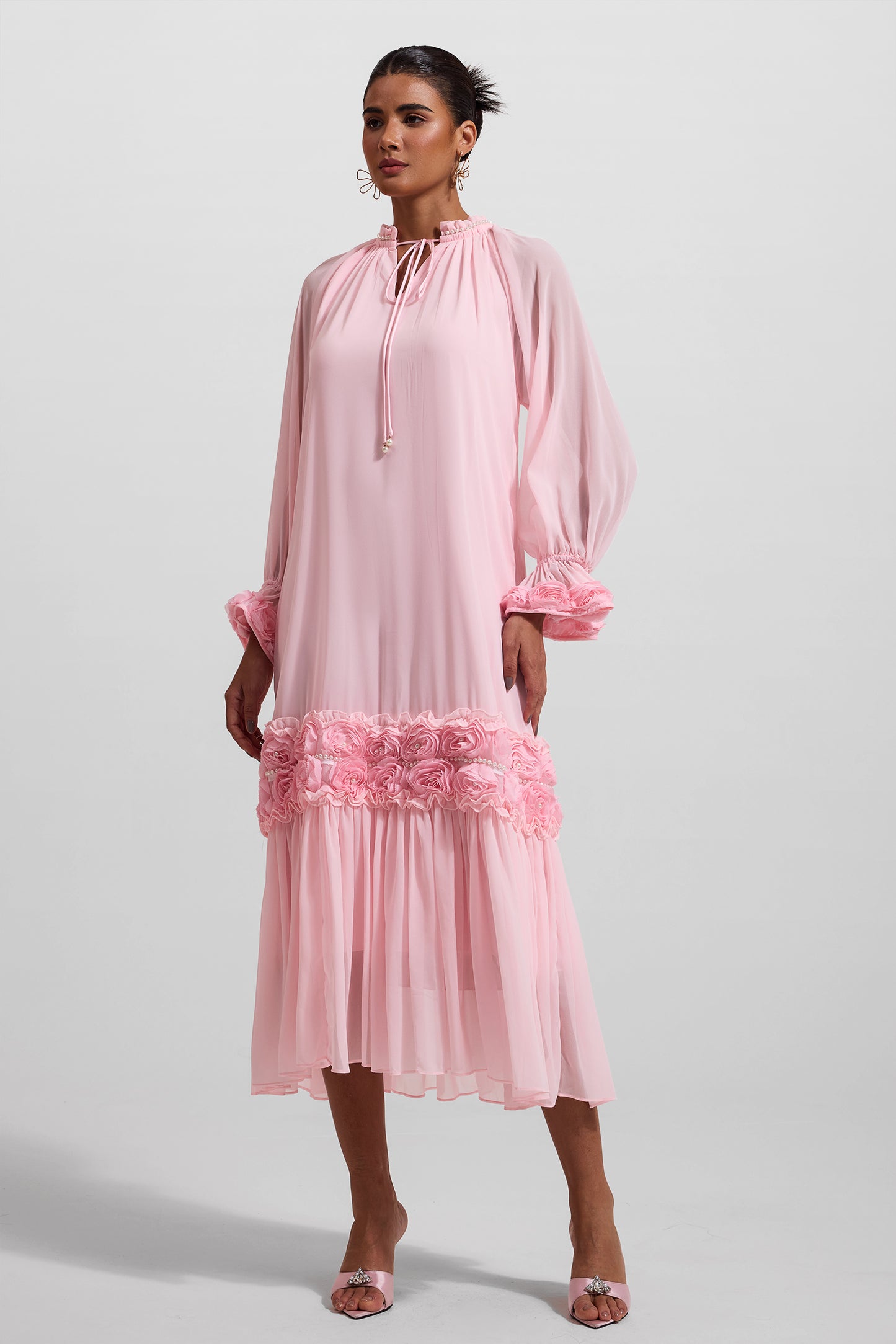 3D Floral Frill Long Sleeve Midi Dress