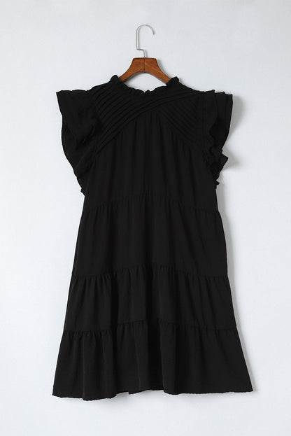Black Ruffle Flutter Sleeve Pleated Tiered Mini Dress
