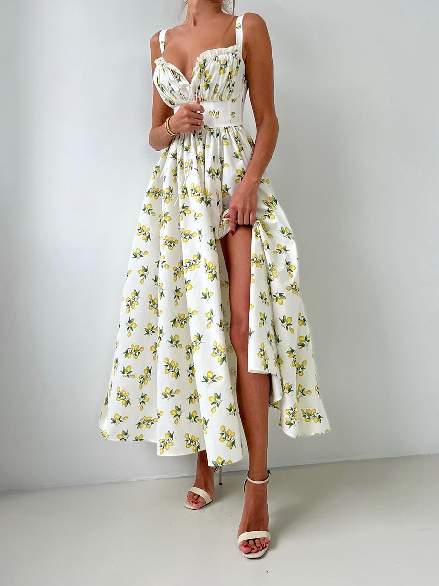 Floral Printed Camisoles High Waist Slit Maxi Dresses